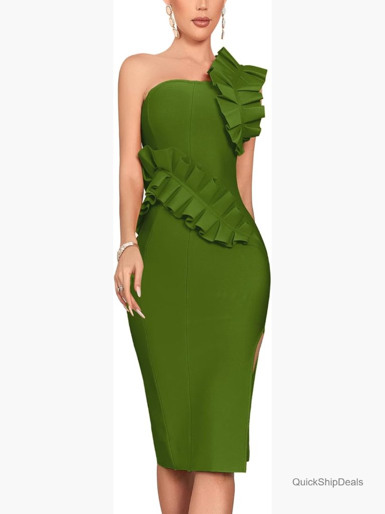 One Shoulder Wedding Guest Dress Side Split Bandage Bodycon Midi Cocktail